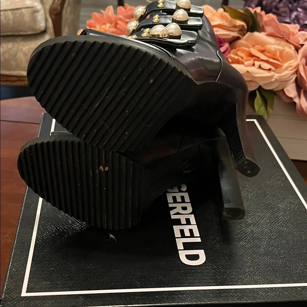 Karl Lagerfeld Black Heeled Boots with Pearl Accents - Picture 10 of 11